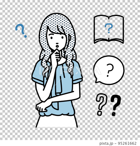 一組辦公室休閒女性問號站著，雙手放在下巴上感到懷疑 95261662