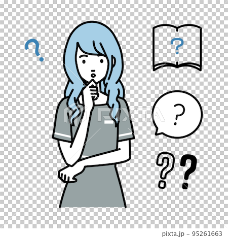一組問號，供一位女性美容院店員、接待員和客戶服務員站著，用手放在下巴上感到懷疑 95261663