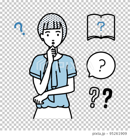 A set of office casual women question marks standing and feeling doubts with their hands on their chins 95261909