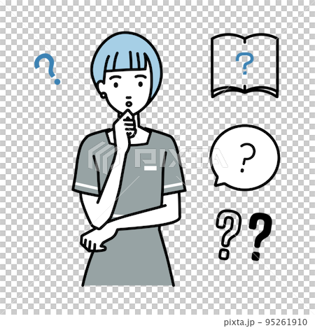 A set of question marks for a female beauty salon clerk, receptionist, and customer service clerk standing and feeling doubts with her hand on her chin 95261910