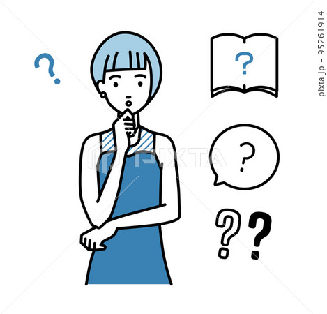 立って手をあごにあてて疑問を感じているドレスの女性 クエスチョンマークのセット 立って手をあごにあてて疑問を感じているドレスの女性 クエスチョンマークのセット 95261914