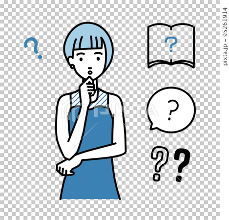 立って手をあごにあてて疑問を感じているドレスの女性 クエスチョンマークのセット 立って手をあごにあてて疑問を感じているドレスの女性 クエスチョンマークのセット 95261914