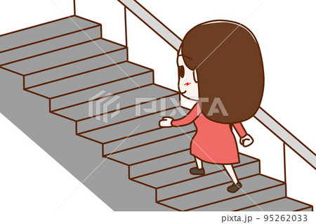 （全身斜め後ろ）階段を笑顔で楽々歩いて登っていく女性 95262033