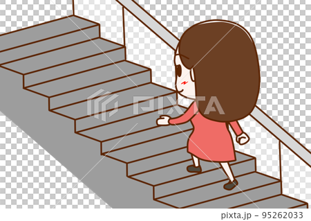 （全身斜め後ろ）階段を笑顔で楽々歩いて登っていく女性 95262033