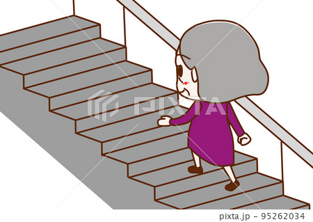 (全身斜め後ろ)階段を笑顔で楽々歩いて登っていく高齢の女性 (全身斜め後ろ)階段を笑顔で楽々歩いて登っていく高齢の女性 95262034