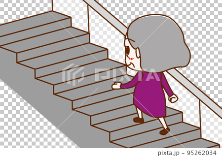 (全身斜め後ろ)階段を笑顔で楽々歩いて登っていく高齢の女性 (全身斜め後ろ)階段を笑顔で楽々歩いて登っていく高齢の女性 95262034