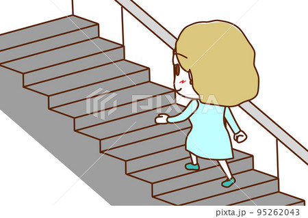 （全身斜め後ろ）階段を笑顔で楽々歩いて登っていく白人女性 95262043
