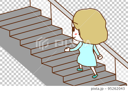 （全身斜め後ろ）階段を笑顔で楽々歩いて登っていく白人女性 95262043