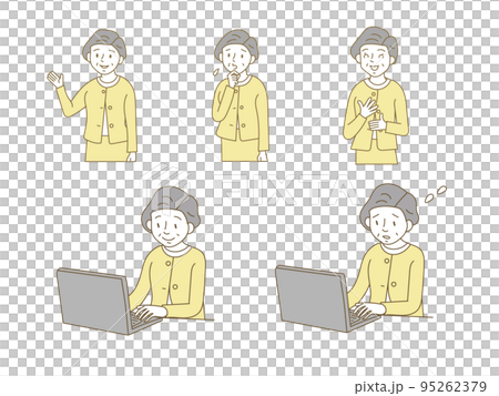 パソコンを使うスーツのシニア女性のイラスト素材セット パソコンを使うスーツのシニア女性のイラスト素材セット 95262379