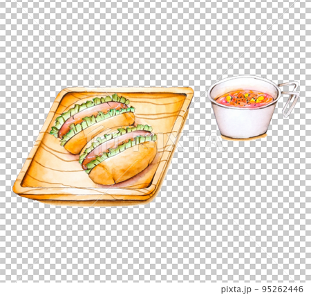 Rolled hot dog and minestrone hand-painted 95262446