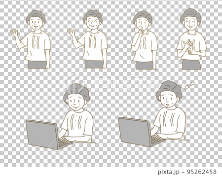 Illustration material set of a casual senior woman using a personal computer Illustration material set of a casual senior woman using a personal computer 95262458