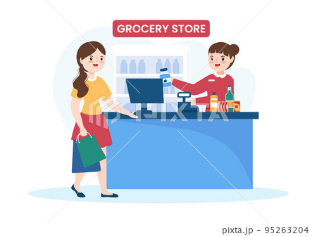 Grocery Store or Supermarket with Food Product Shelves, Racks Dairy, Fruits and Drinks for Shopping in Flat Cartoon Hand Drawn Templates Illustration 95263204