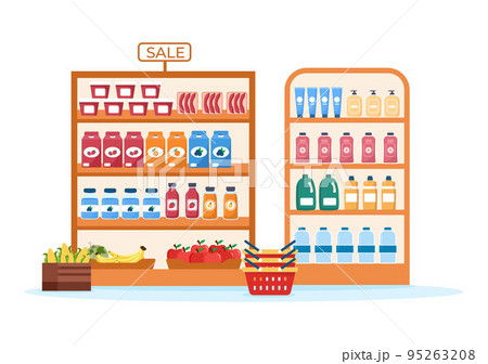 Grocery Store or Supermarket with Food Product Shelves, Racks Dairy, Fruits and Drinks for Shopping in Flat Cartoon Hand Drawn Templates Illustration 95263208