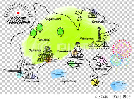 Simple line drawing illustration map of sightseeing spots in Kanagawa Prefecture 95263909