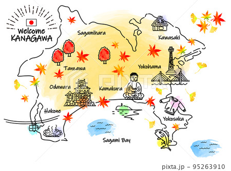 秋の神奈川県の観光地のシンプル線画イラストマップ 95263910