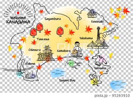 秋の神奈川県の観光地のシンプル線画イラストマップ 95263910
