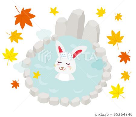 秋の露天風呂に浸かるウサギ 95264346