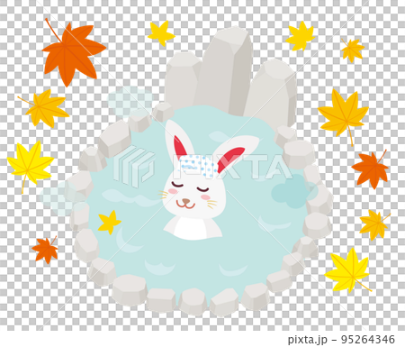 秋の露天風呂に浸かるウサギ 95264346