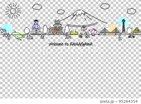 Hand-drawn Kanagawa prefecture cityscape and simple line drawings of people 95264354