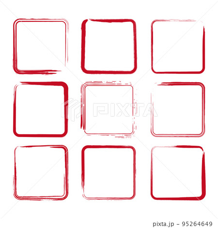 掠れた筆の線の角丸の正方形のフレームセット 赤色のイラスト素材