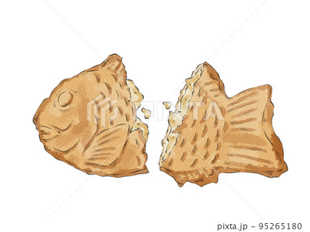 半分に割ったカスタード入りのたい焼きのイラスト(水彩風) 半分に割ったカスタード入りのたい焼きのイラスト(水彩風) 95265180