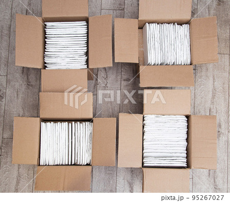 Four drawers with white decorative stone in the form of a brick. Modern wall decoration, top view Four drawers with white decorative stone in the form of a brick. Modern wall decoration, top view 95267027