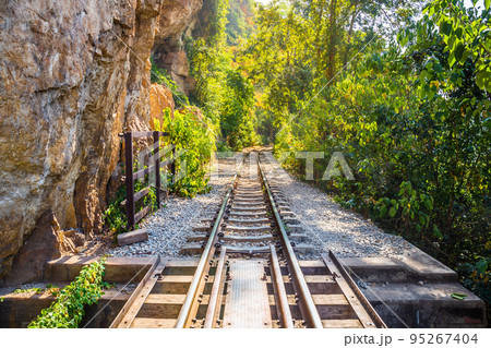 The Death Railway crossing kwai river in Kanchanaburi Thailand. Important landmark and destination to visiting and world war II history built The Death Railway crossing kwai river in Kanchanaburi Thailand. Important landmark and destination to visiting and world war II history built 95267404