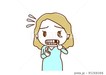 （上半身正面）前歯が折れてしまい涙目で焦っている白人女性 95268366