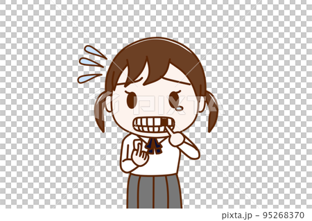 （上半身正面）前歯が折れてしまい涙目で焦っている女子学生 95268370