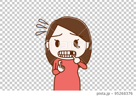 （上半身正面）前歯が折れてしまい涙目で焦っている女性 95268376