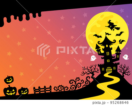 ハロウィンのおばけ屋敷のシルエットとカラフルなグラデーションの夜空の背景 95268646