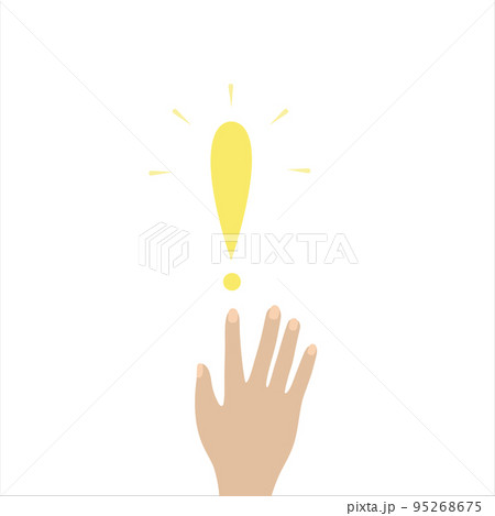 Woman hand is holding or point out an exclamation sign, offering an exclamation sign on white background. Concept of finding solution, good idea, pay attention. 95268675
