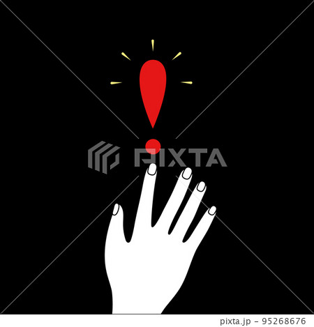 Woman hand is holding or point out an exclamation sign, offering an exclamation sign on black background. Concept of finding solution, good idea, pay attention. 95268676