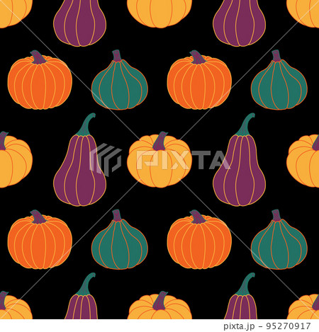 Cool pumpkins on a black background. Seamless vector pattern. Autumn illustrations for holiday decorations, postcards, banners, festive wrapping paper, modern prints, bright fabrics, and textiles. 95270917