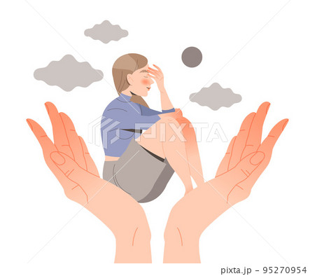 Stressed Woman Character in Hand Palm Feeling Sadness and Loneliness Vector Illustration 95270954
