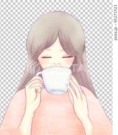 目を閉じてホットドリンクを飲むリラックスした女性 95271521