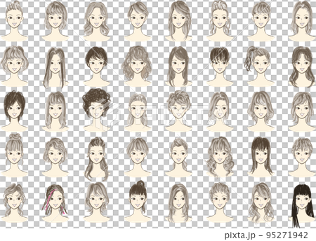 若い女性のヘアスタイルのイラスト集合　おしゃれな髪型のファッション系ベクターイラストのセット 95271942