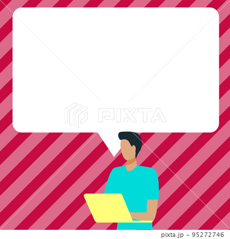 Presenter With Conversation Bubble Showing New Announcement. Colleague Speech Balloon Presenting Fresh And Important News Messages. Presenter With Conversation Bubble Showing New Announcement. Colleague Speech Balloon Presenting Fresh And Important News Messages. 95272746