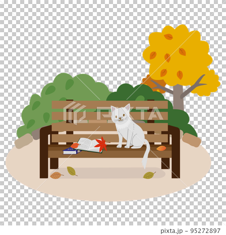 ベンチの上の本と猫　秋 95272897