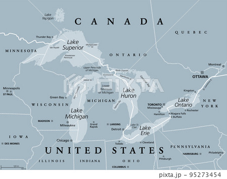 Great Lakes of North America, gray political map. Lakes Superior, Michigan, Huron, Erie and Ontario. Series of large interconnected freshwater lakes, on or near the border of Canada and United States. 95273454