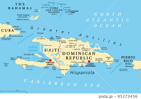 Hispaniola and surroundings, political map. Caribbean island, divided into Haiti and Dominican Republic, part of Greater Antilles, next to Cuba, The Bahamas, Puerto Rico, and Turks and Caicos Islands. 95273456