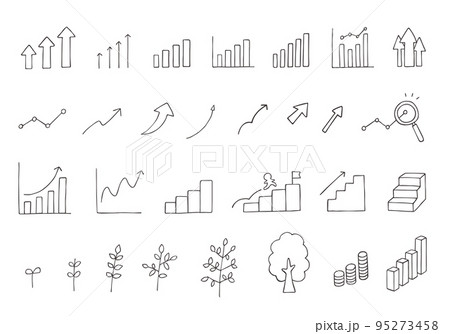 グラフや成長にまつわる手描きイラストセット（モノクロ） 95273458