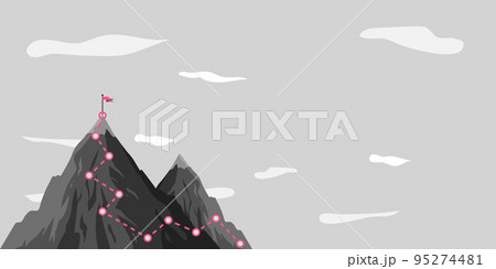 Man On A Mountain Drawing Proud Of His Climbing Success To The Clouds. Athlete On A Cliff Celebrating Achievement Ascending To The Top. Sports Guy Reaching The Sky. 95274481