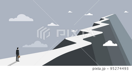 Man On A Mountain Drawing Proud Of His Climbing Success To The Clouds. Athlete On A Cliff Celebrating Achievement Ascending To The Top. Sports Guy Reaching The Sky. 95274493