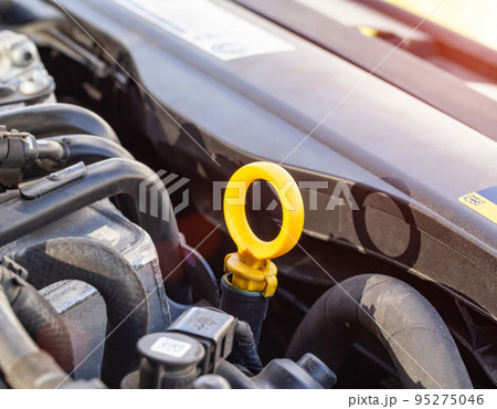 orange dipstick for checking the oil level in a diesel engine. Concept of oil viscosity and quality, drain interval and vehicle maintenance, close-up 95275046