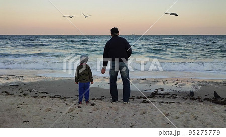 Two people an elderly man and small child stand on the seashore and feed seagulls in the evening. 95275779