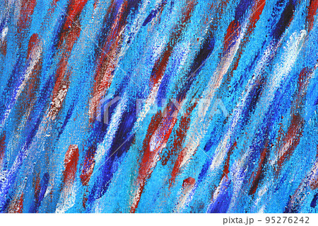 Creative background of colorful brush strokes on canvas close up. Abstract art background from smeared brush strokes of blue, red, white colors macro. Drawing, painting paints texture surface backdrop 95276242