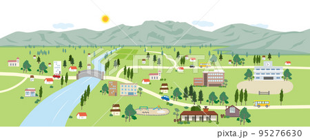 山と川と町のある風景の背景イラスト 95276630