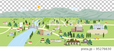 山と川と町のある風景の背景イラスト 95276630