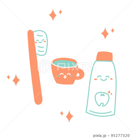 かわいい歯ブラシ コップ 歯磨き粉セット イラスト素材のイラスト素材